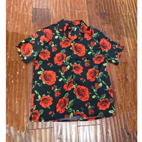 🌹VALENTINES CLASSIC FIT SATIN ROSE PRINT SHIRT - Picture 4 of 5
